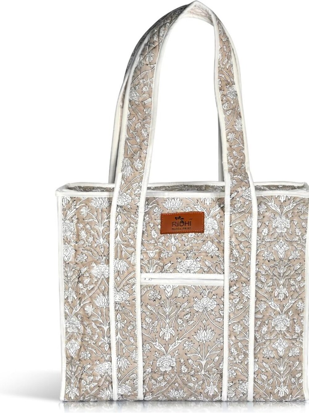 Stylish Hand Block Print Cotton Zipper Tote Bag - Spacious 17.7x14.6x6.7 Inch
